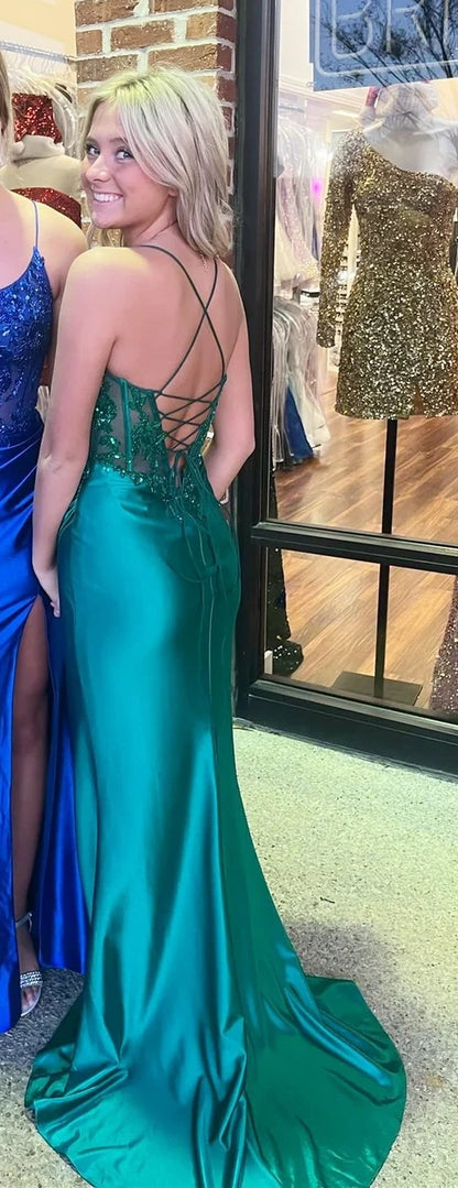 Royal Blue/Dark Green Mermaid Appliques Beaded Prom Dresses Sexy Slit Evening Party Dress,AST2217