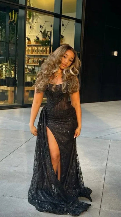 Glitter Black Mermaid Prom Dresses Black Girls Lace Evening Party Dress,AST2218