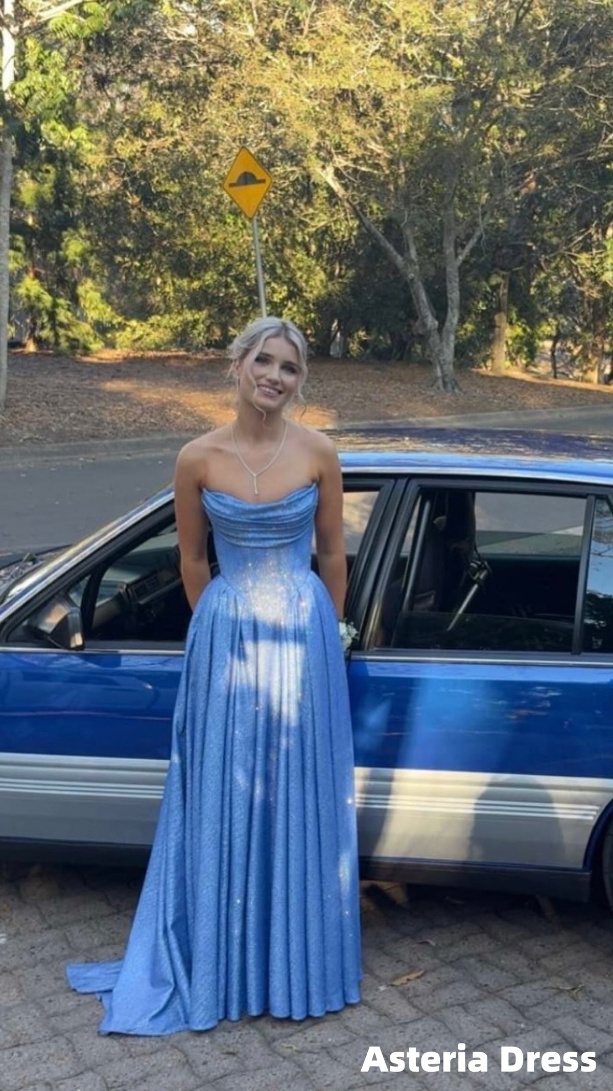 Glitter Blue Strapless A-Line Senior Prom Dress Long Formal Gown
