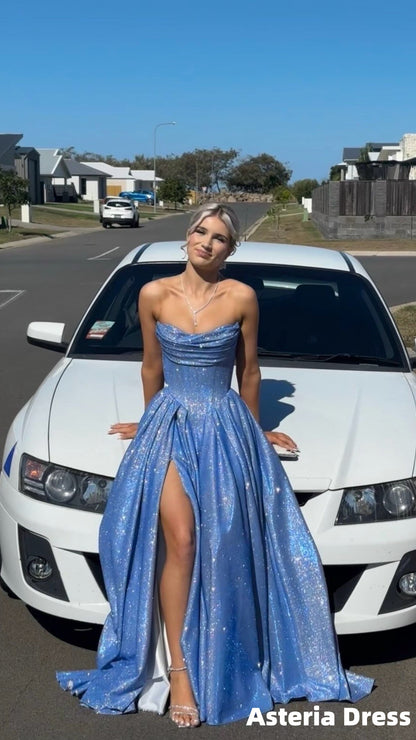 Glitter Blue Strapless A-Line Senior Prom Dress Long Formal Gown
