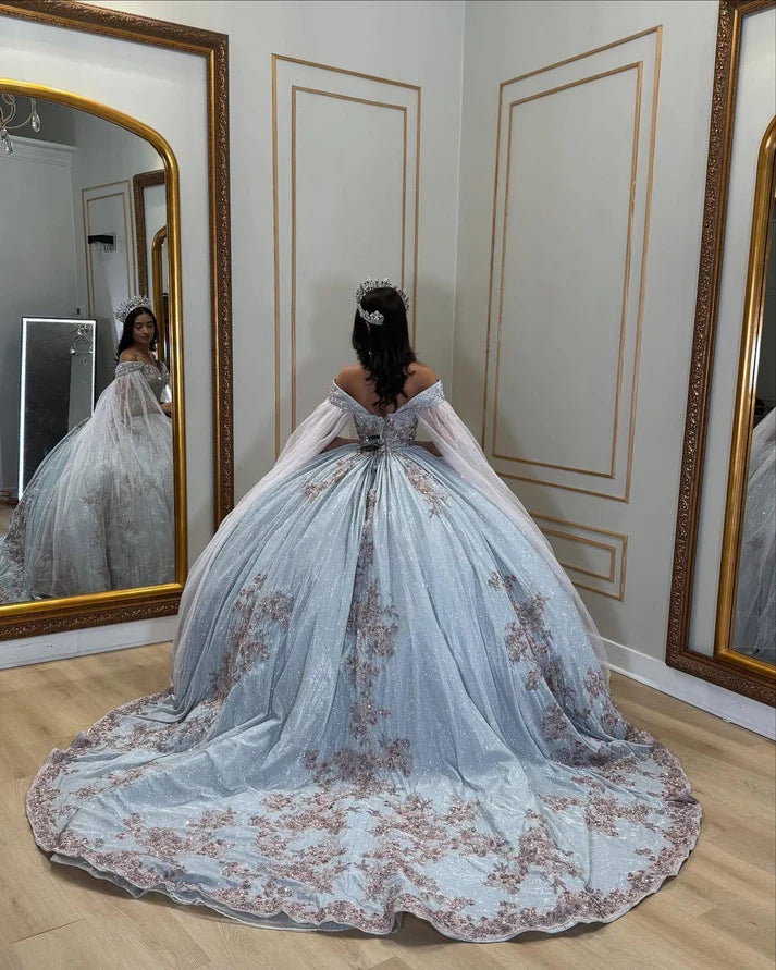 Glitter Light Blue Sweet 16 Dresses Appliques Evening Prom Dresses, Birthday Party Dress,AST2115