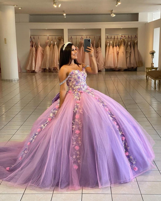 Glitter Off The Shoulder Floral Tulle Sweet 16 Dress Quinceanera Ball Gown,AST997