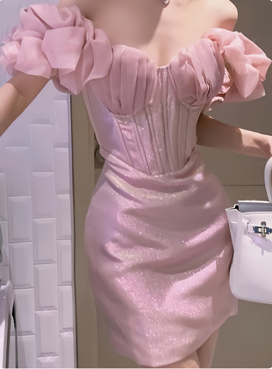 Glitter Pink Off The Shoulder Homecoming Dresses Tight Sweetheart Mini Party Dress,AST1953