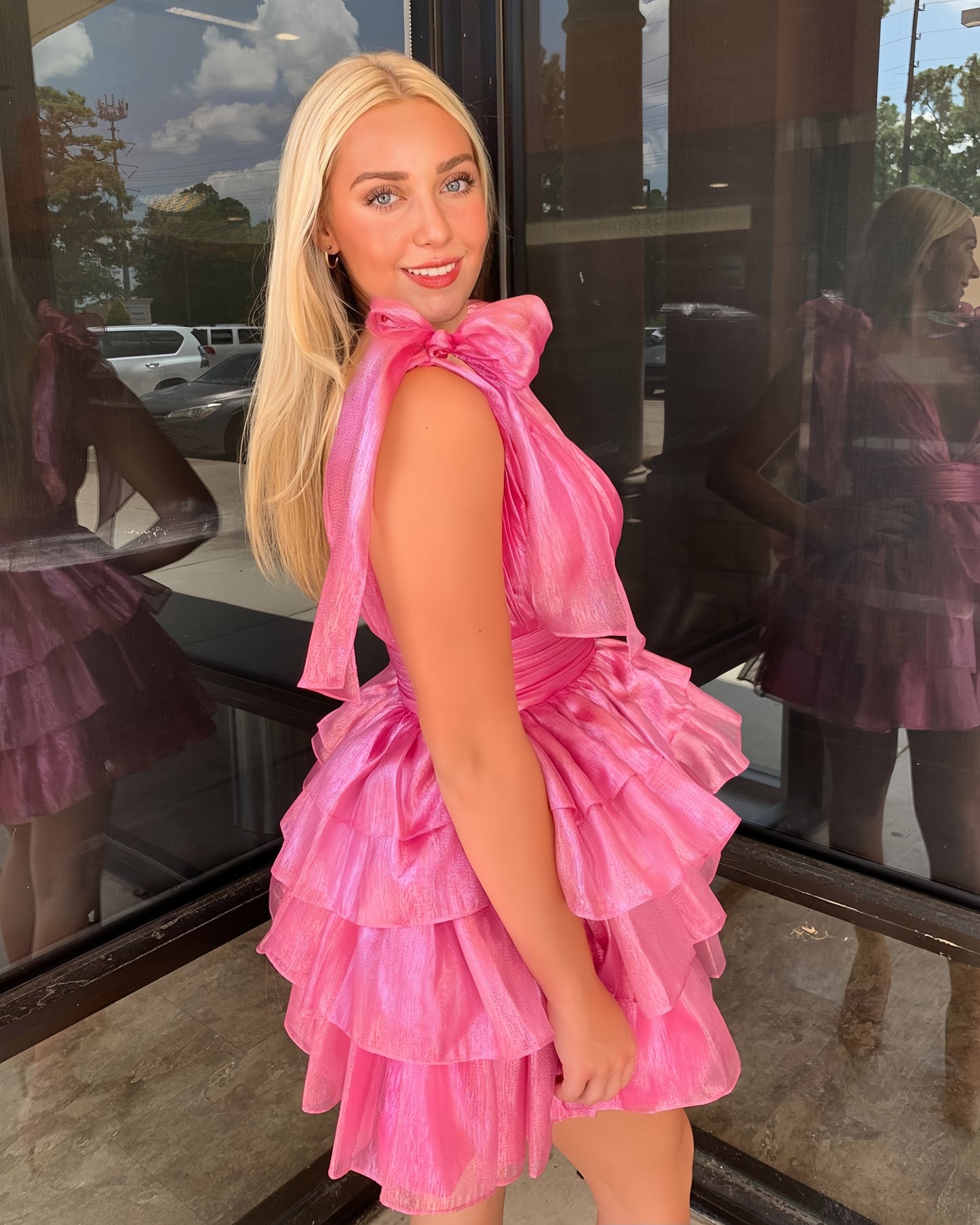 Glitter Pink Organza Ruffles Homecoming Dresses, AST1418