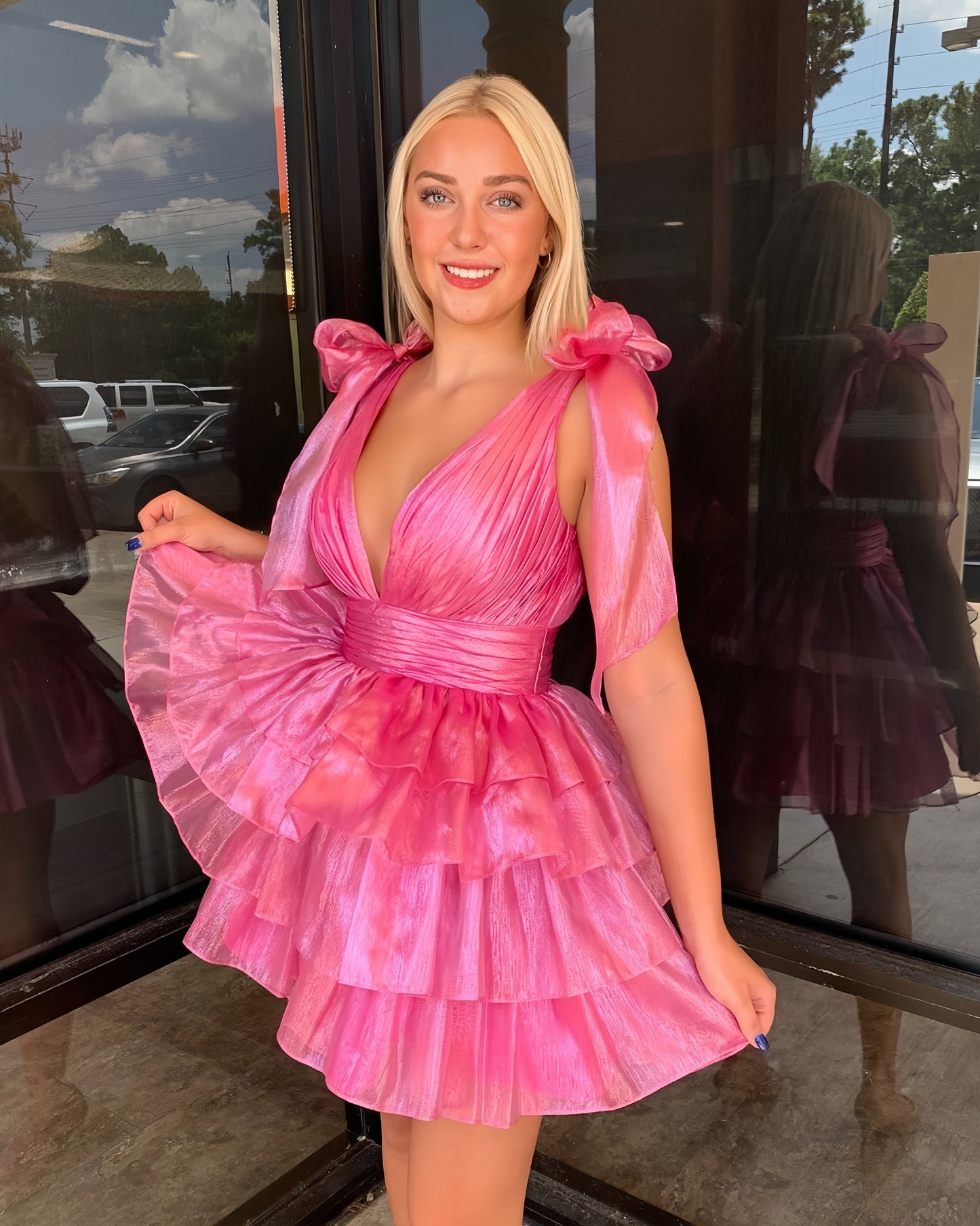 Glitter Pink Organza Ruffles Homecoming Dresses, AST1418