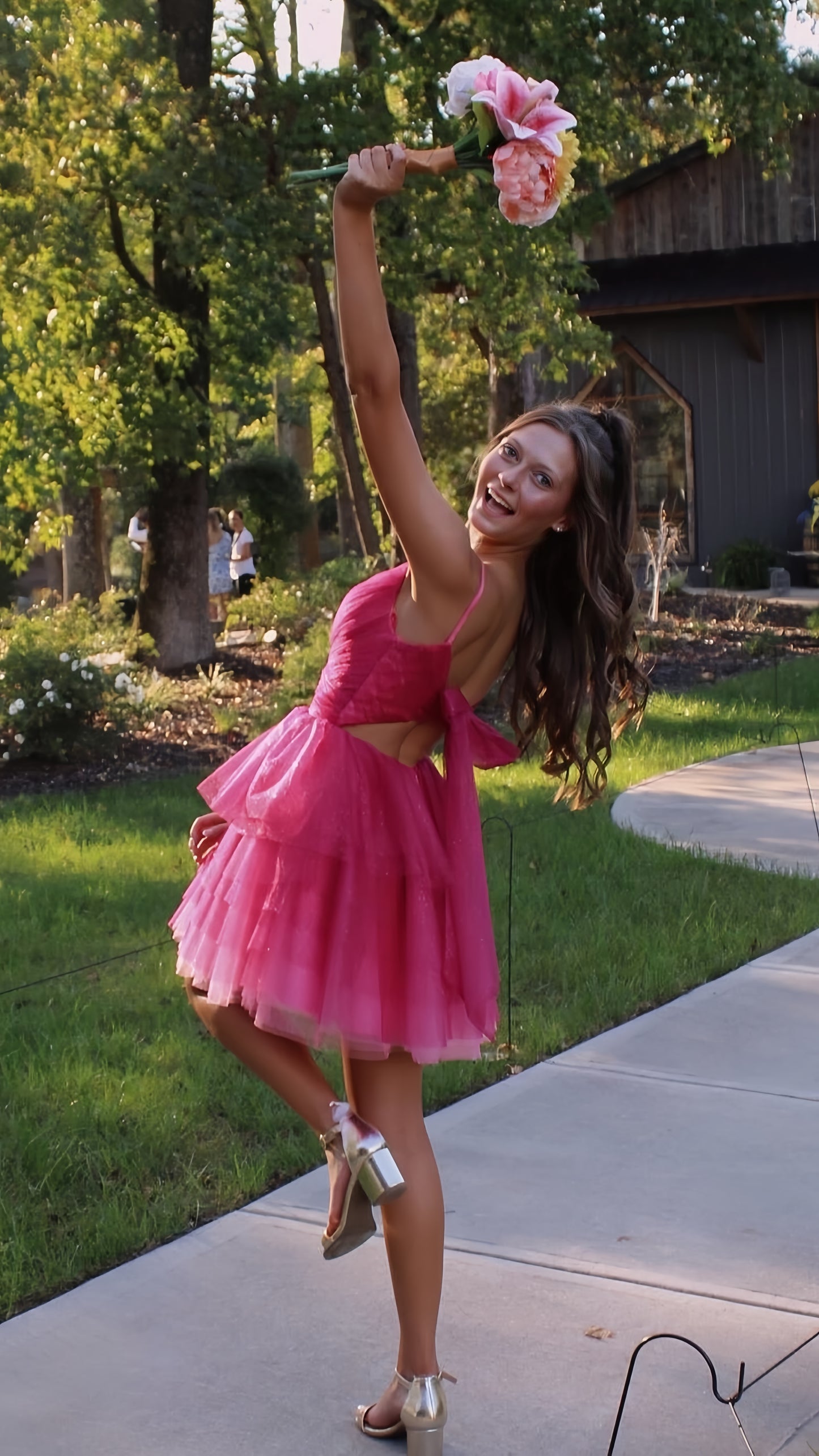 Glitter Pink V-Neck Tulle Short Dress Mini Hoco Dress, AST1506