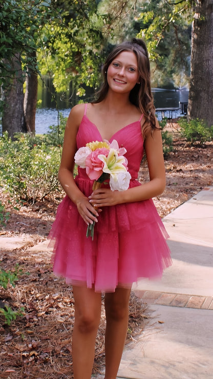 Glitter Pink V-Neck Tulle Short Dress Mini Hoco Dress, AST1506