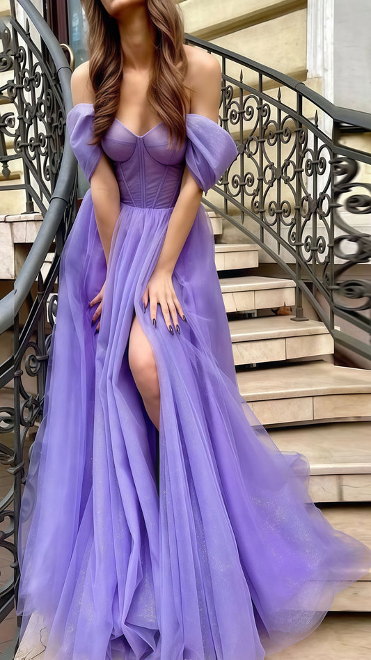 Glitter Purple A-Line Sequin Tulle Prom Dress, Off The Shoulder Celebrity Dress,AST1771