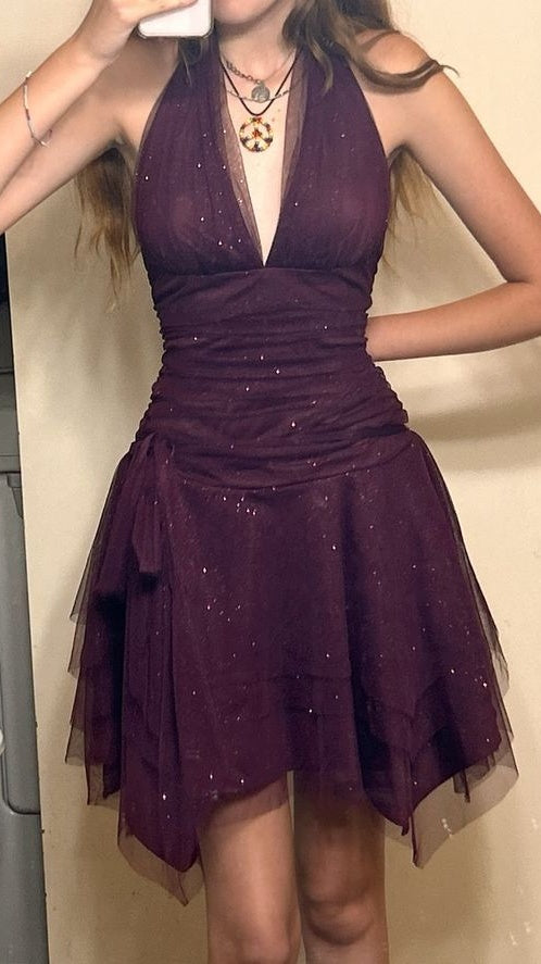 Glitter Purple V-neck Homecoming Dresses Tulle Dance Party Dress,AST2017