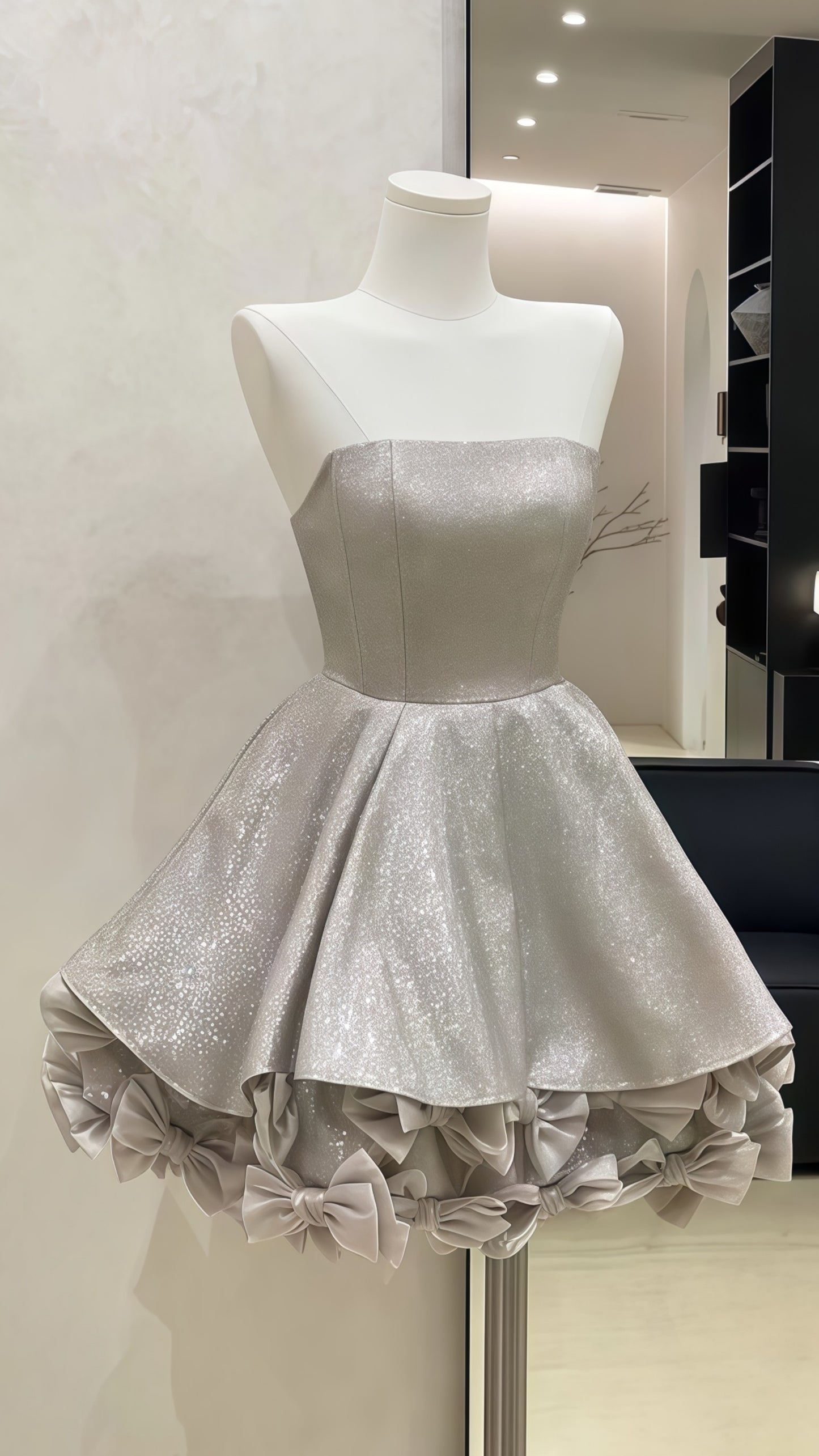 Glitter Silver Strapless Homecoming Dresses Bowknot Mini Party Dress, AST1941