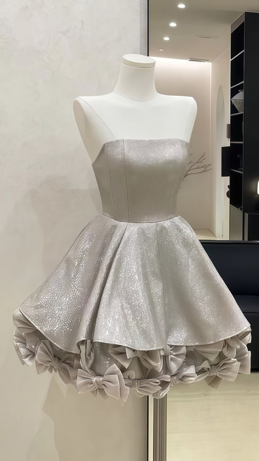 Glitter Silver Strapless Homecoming Dresses Bowknot Mini Party Dress, AST1941
