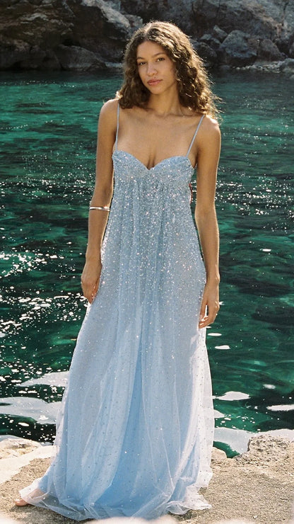 Glitter Spaghetti Straps A-line Prom Dresses Sequined Long Party Dress,AST2297