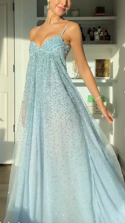 Glitter Spaghetti Straps A-line Prom Dresses Sequined Long Party Dress,AST2297