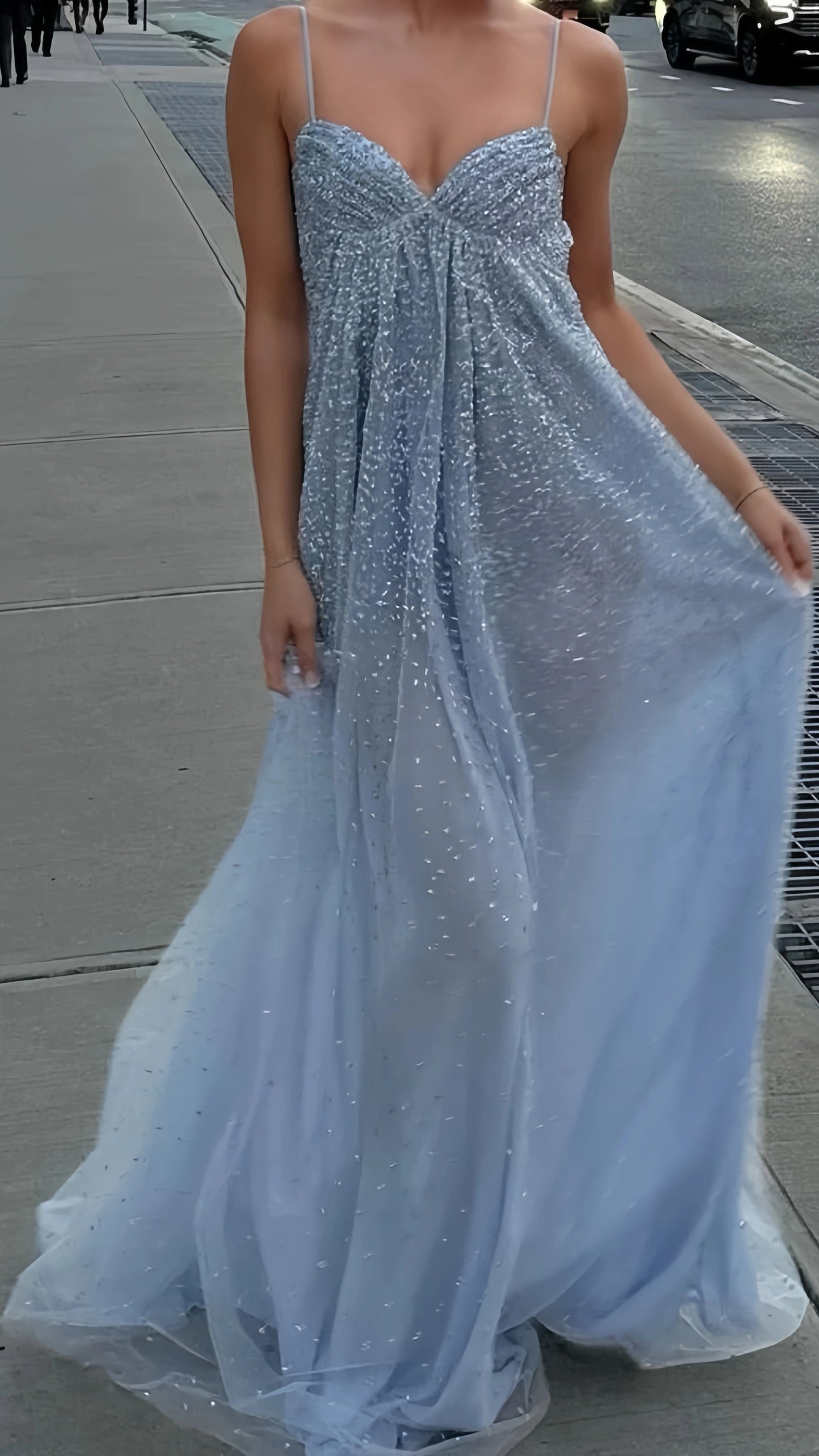 Glitter Spaghetti Straps A-line Prom Dresses Sequined Long Party Dress,AST2297