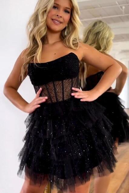 Glitter Strapless Tulle Homecoming Dresses Mini Party Gown,AST1325