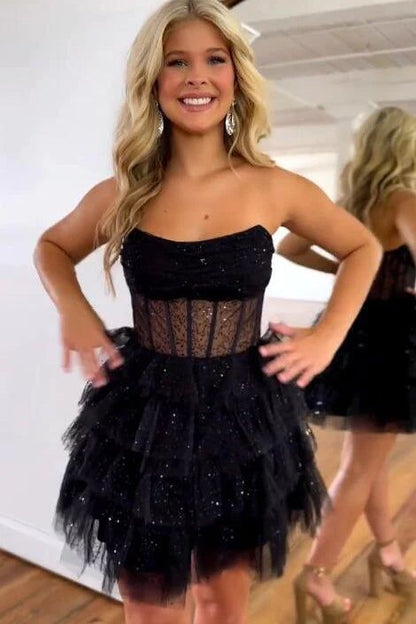 Glitter Strapless Tulle Homecoming Dresses Mini Party Gown,AST1325