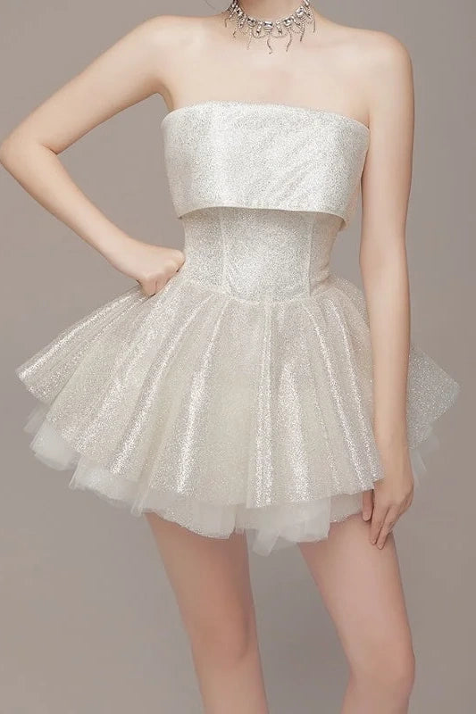 Glitter White Homecoming Dress Strapless Graduation Party Ball Gown, AST1945