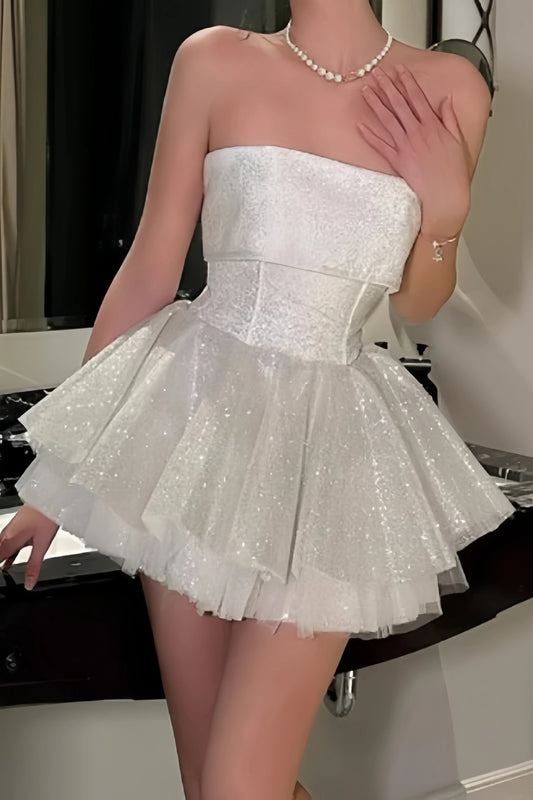 Glitter White Homecoming Dress Strapless Graduation Party Ball Gown, AST1945
