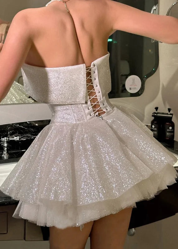 Glitter White Homecoming Dress Strapless Graduation Party Ball Gown, AST1945