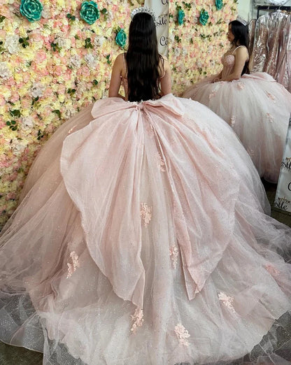 Glittery Blush Pink Tulle Quinceanera Dresses Lace Appliques Beaded Sweet 16 Pink Party Dresses,AST2117