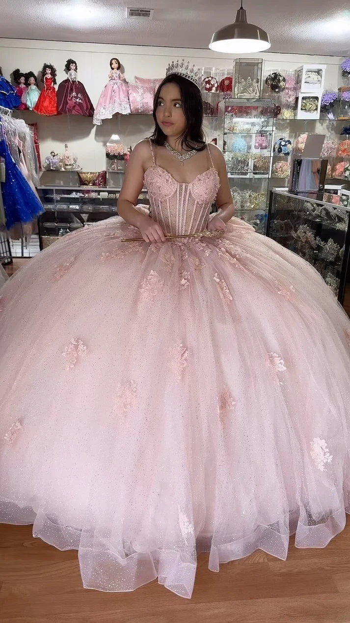 Glittery Blush Pink Tulle Quinceanera Dresses Lace Appliques Beaded Sweet 16 Pink Party Dresses,AST2117
