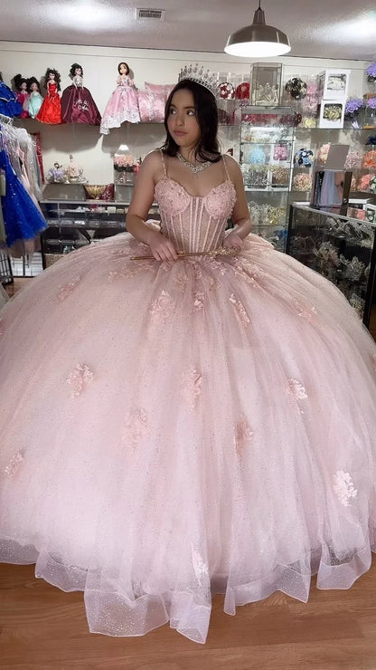 Glittery Blush Pink Tulle Quinceanera Dresses Lace Appliques Beaded Sweet 16 Pink Party Dresses,AST2117