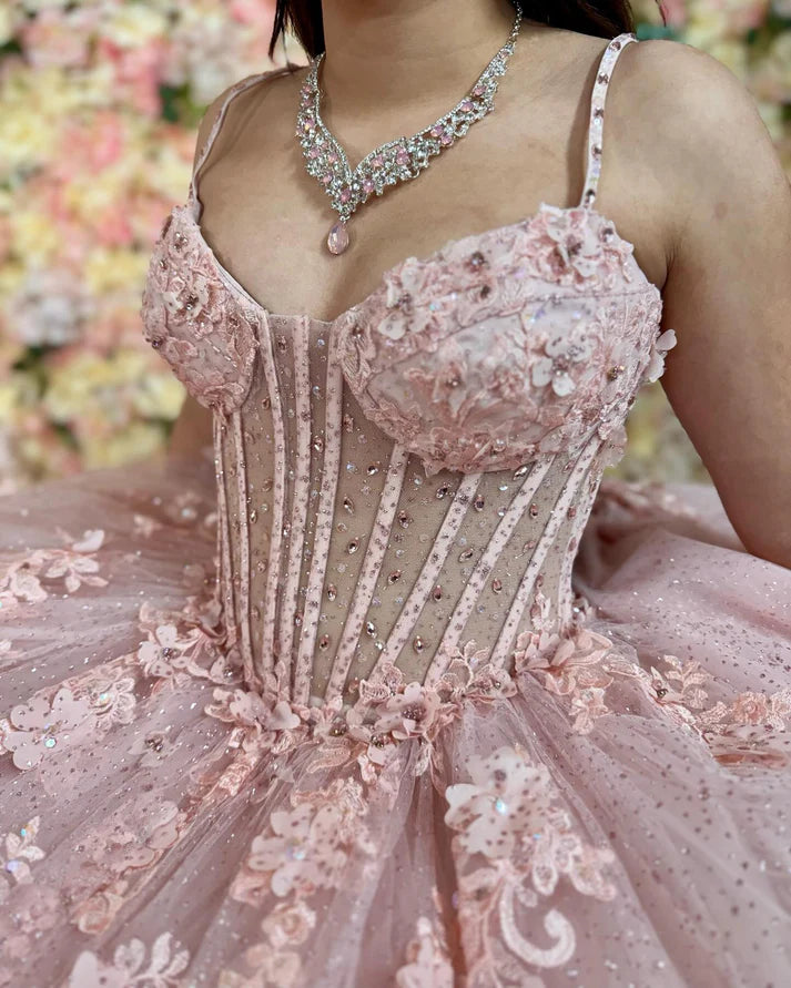 Glittery Blush Pink Tulle Quinceanera Dresses Lace Appliques Beaded Sweet 16 Pink Party Dresses,AST2117