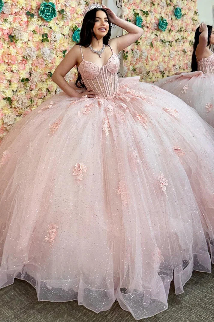 Glittery Blush Pink Tulle Quinceanera Dresses Lace Appliques Beaded Sweet 16 Pink Party Dresses,AST2117