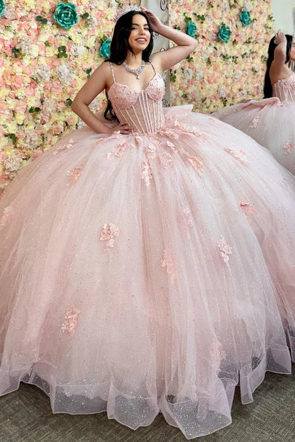 Glittery Blush Pink Tulle Quinceanera Dresses Lace Appliques Beaded Sweet 16 Pink Party Dresses,AST2117