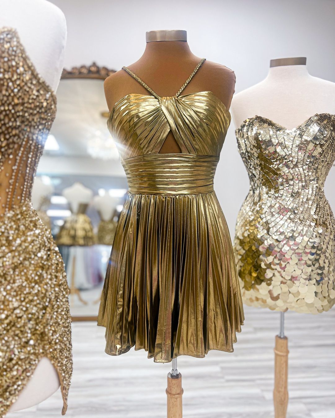 Gold Homecoming Dresses Sequined Satin Mini Party Gown, AST1372