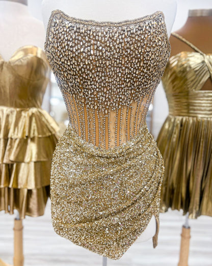 Gold Homecoming Dresses Sequined Satin Mini Party Gown, AST1372