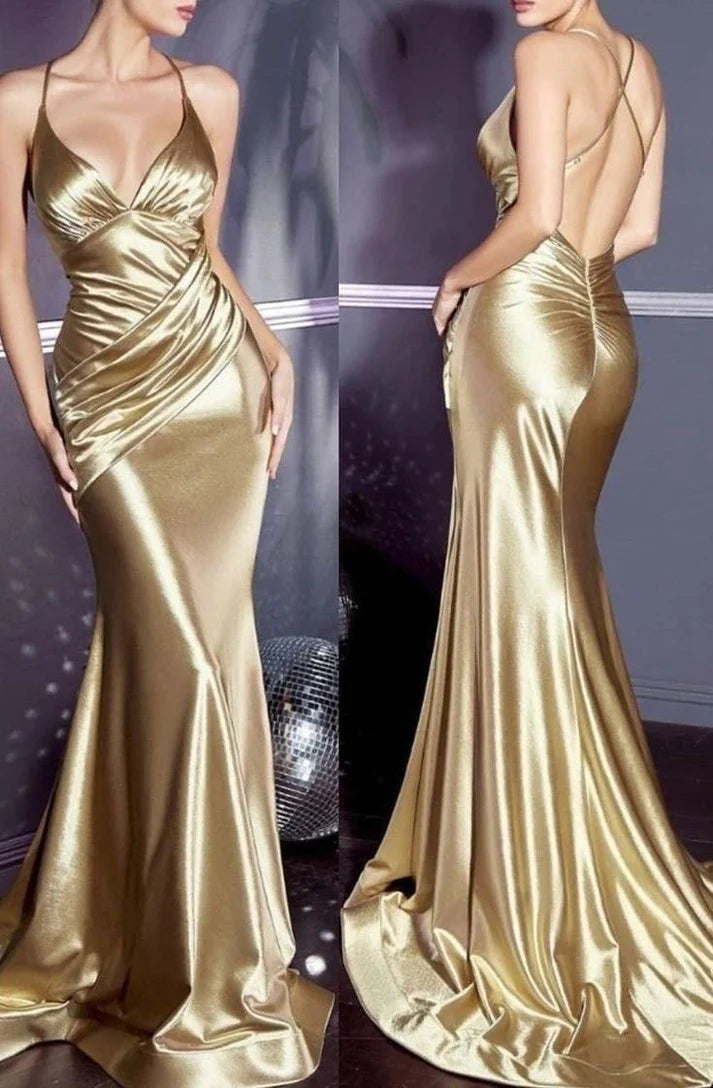 Gold Mermaid Cross Back Prom Dresses Satin Evening Party Dress,AST2223