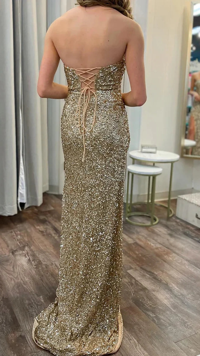 Gold Sequin Strapless Backless Mermaid Long Prom Dress with Slit,AST2193