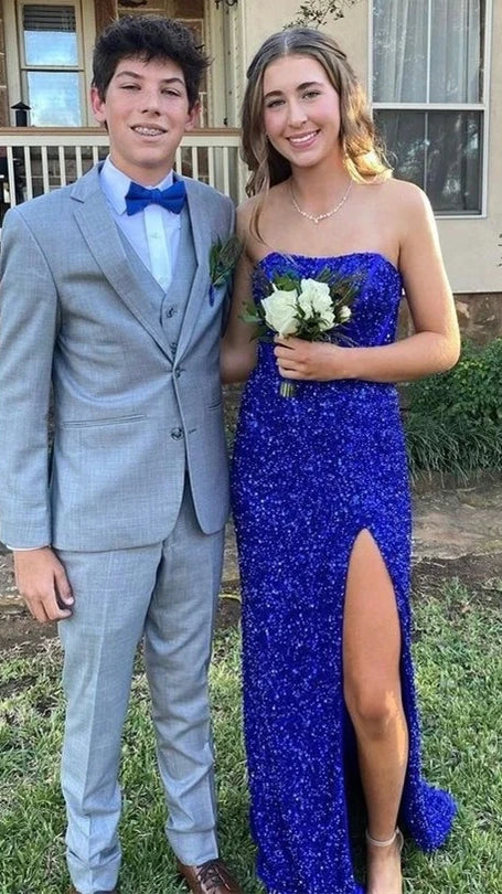 Gold Sequin Strapless Backless Mermaid Long Prom Dress with Slit,AST2193