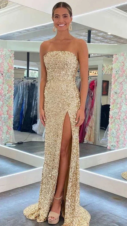 Gold Sequin Strapless Backless Mermaid Long Prom Dress with Slit,AST2193
