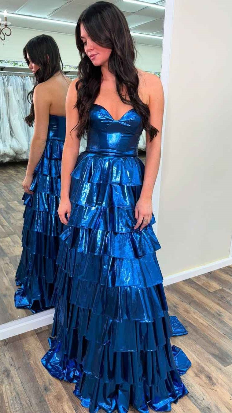 Gold A-Line Metallic Empire-Waist Party Dresses, Sweetheart Ruffle Tiered Long Prom Dress,AST2192