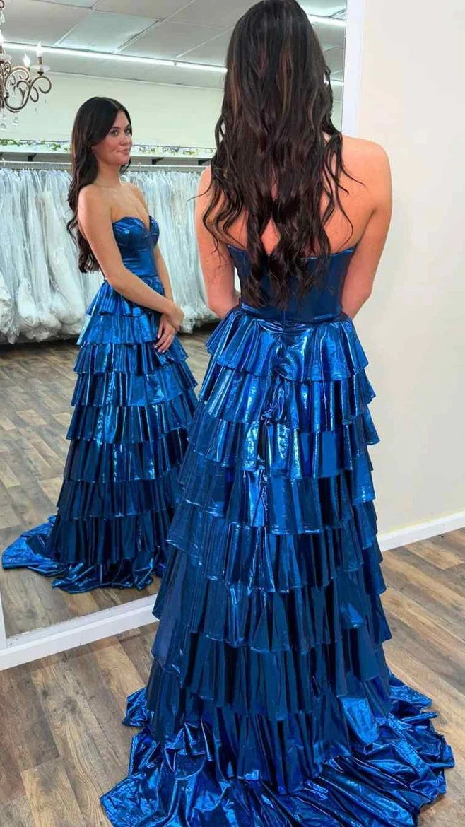 Gold A-Line Metallic Empire-Waist Party Dresses, Sweetheart Ruffle Tiered Long Prom Dress,AST2192