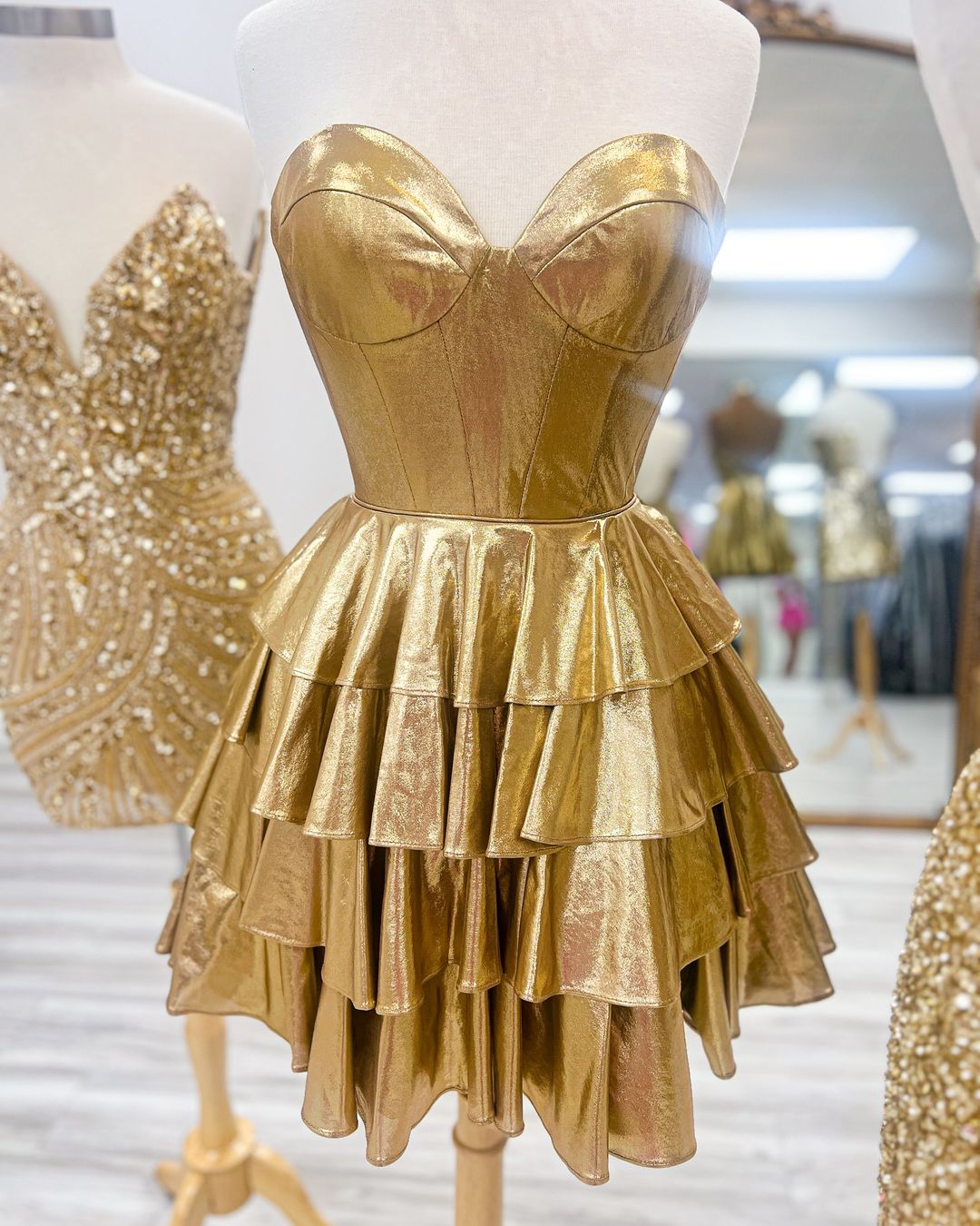 Gold Homecoming Dresses Sequined Satin Mini Party Gown, AST1372 – Asteria