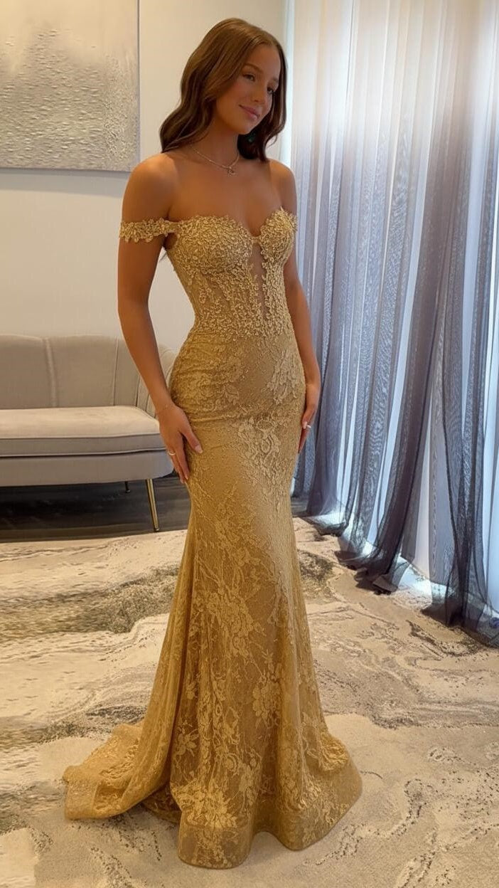 Off The Shoulder Mermaid Prom Dresses Lace Appliques Evening Party Dress,AST2290