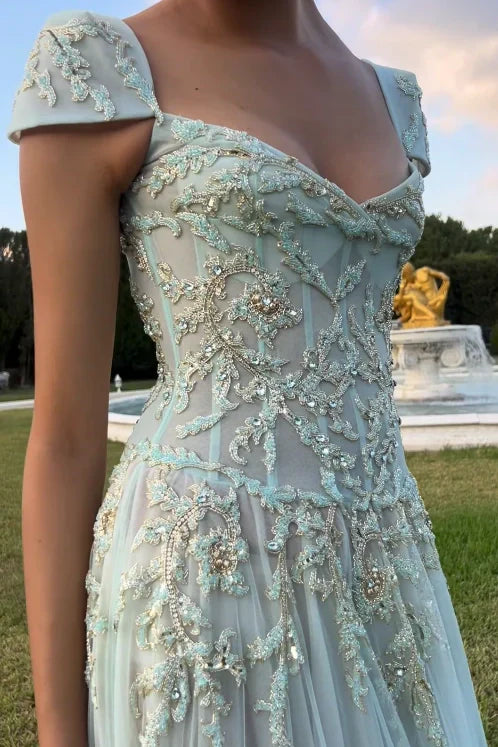 Gorgeous A Line Sweetheart Light Green Long Prom Dress with Appliques,AST2301