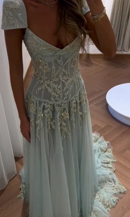 Gorgeous A Line Sweetheart Light Green Long Prom Dress with Appliques,AST2301