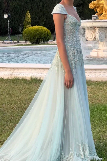 Gorgeous A Line Sweetheart Light Green Long Prom Dress with Appliques,AST2301