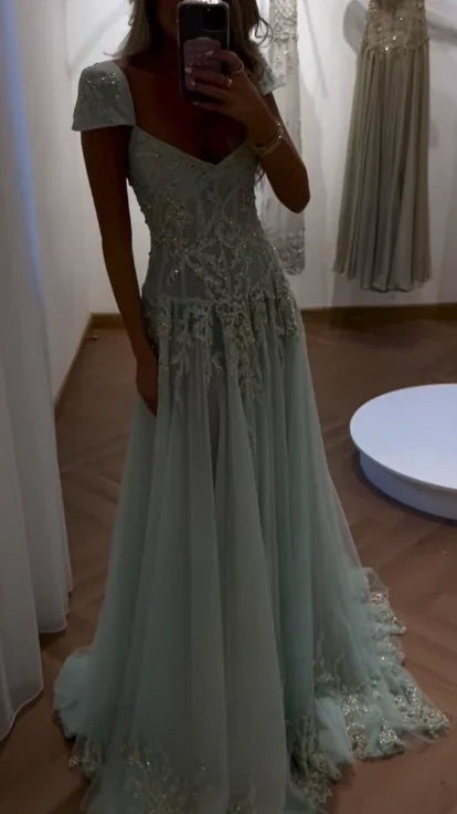 Gorgeous A Line Sweetheart Light Green Long Prom Dress with Appliques,AST2301