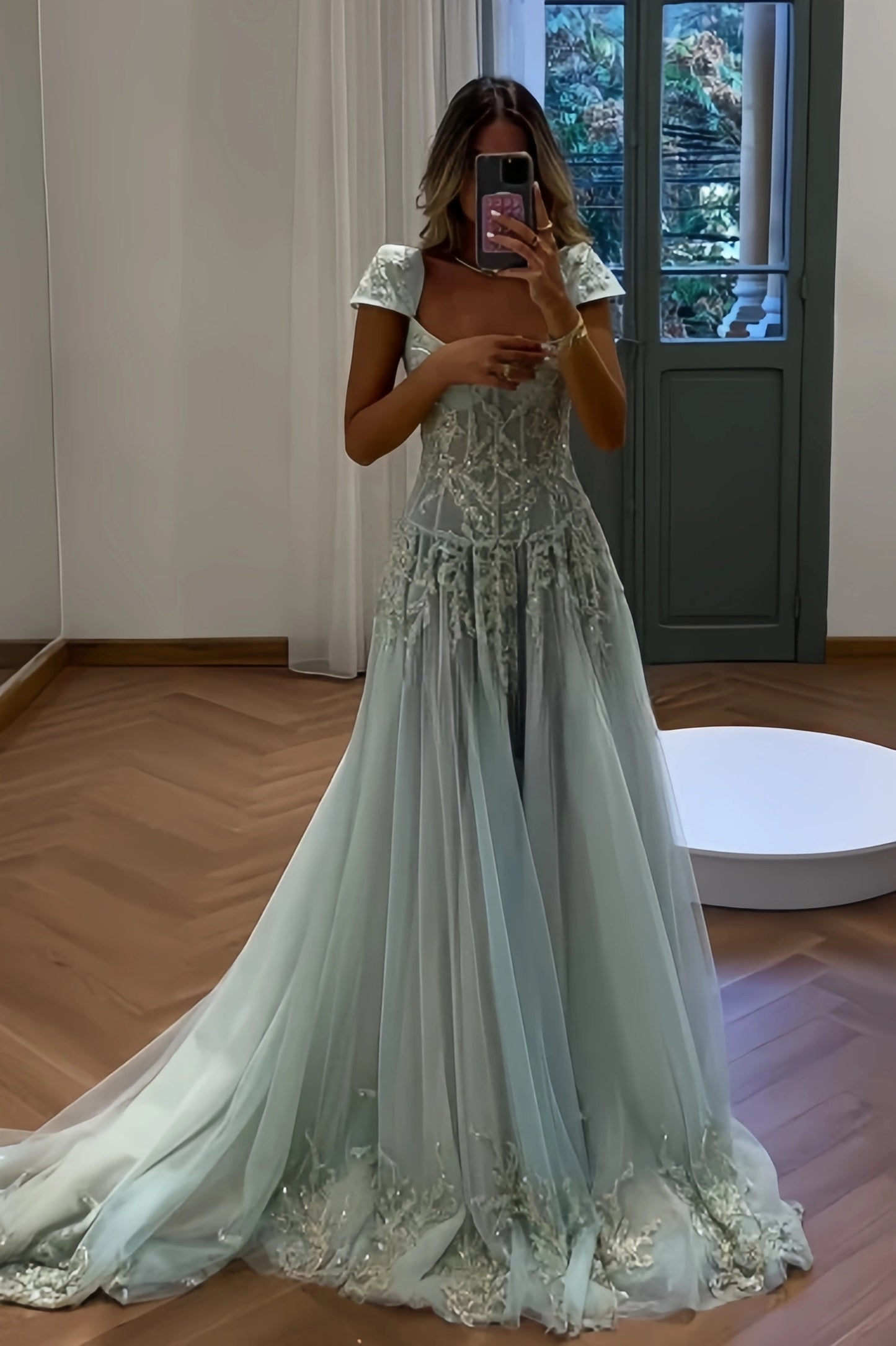 Gorgeous A Line Sweetheart Light Green Long Prom Dress with Appliques,AST2301