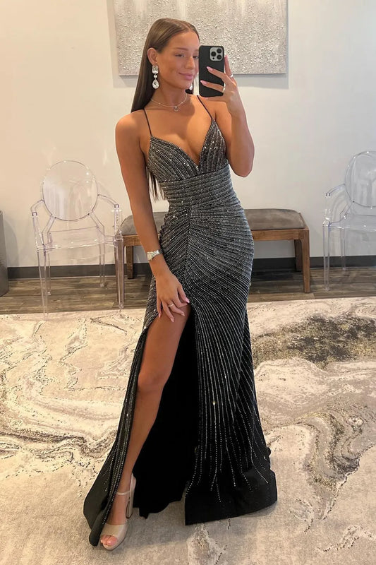 Black Mermaid Prom Dress with Lace Up Back Corset Bodice Beaded Detail and Slit