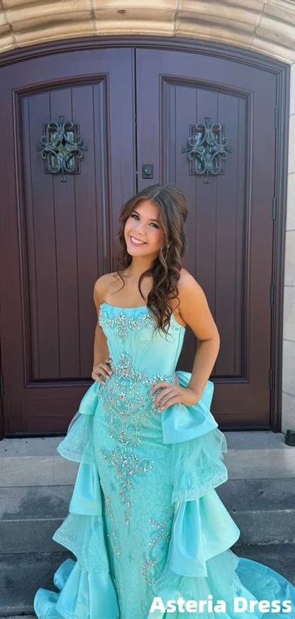 Gorgeous Blue Strapless Beaded Ruffles Prom Ball Gown, Evening Dress