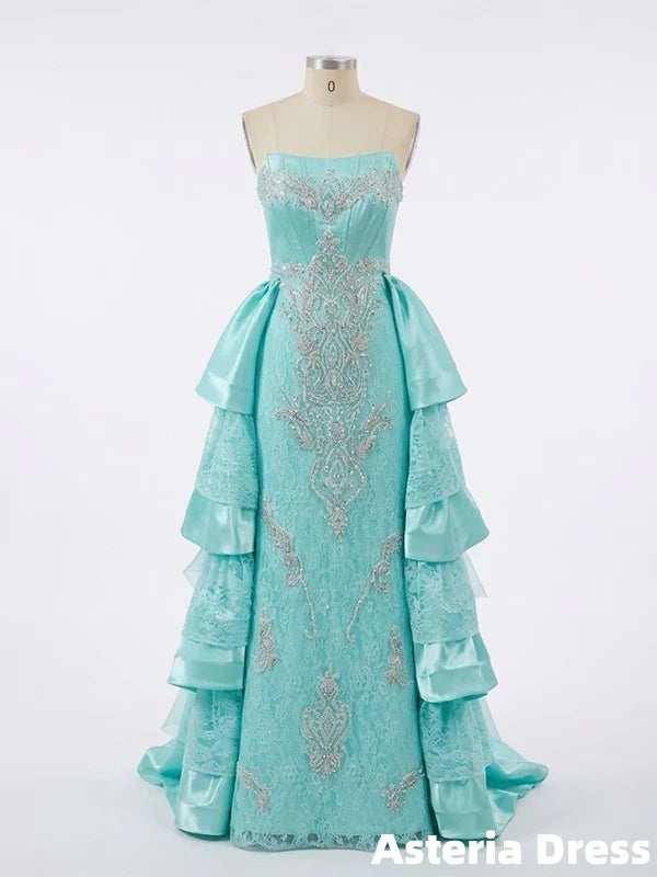 Gorgeous Blue Strapless Beaded Ruffles Prom Ball Gown, Evening Dress