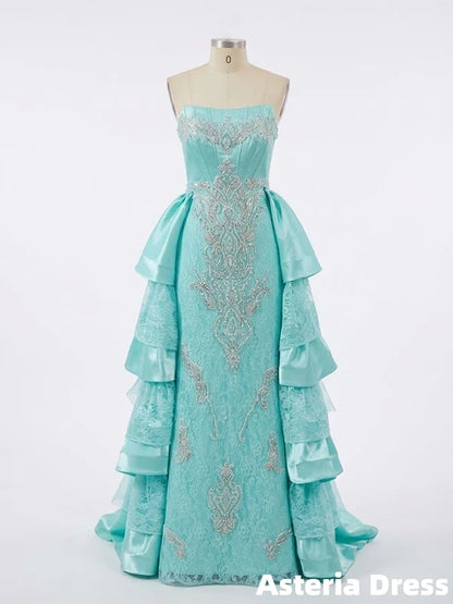 Gorgeous Blue Strapless Beaded Ruffles Prom Ball Gown, Evening Dress