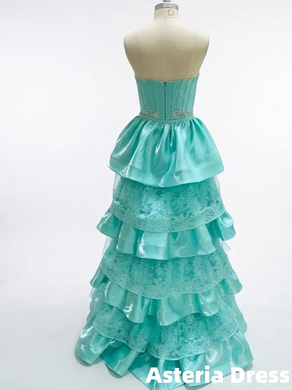Gorgeous Blue Strapless Beaded Ruffles Prom Ball Gown, Evening Dress