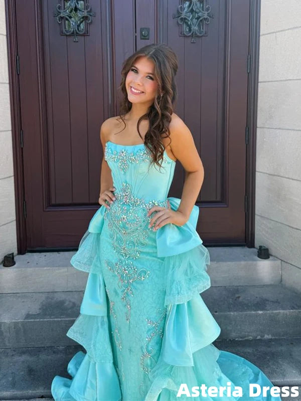 Gorgeous Blue Strapless Beaded Ruffles Prom Ball Gown, Evening Dress